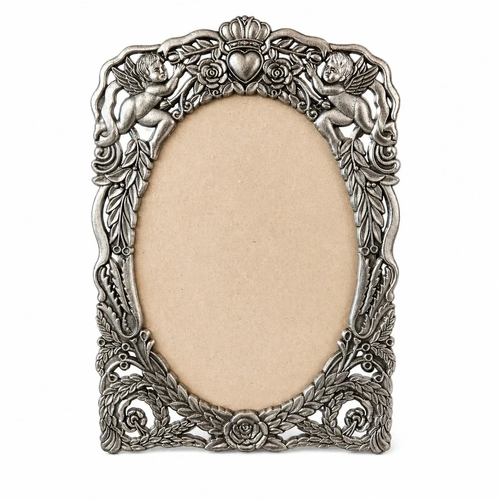 Vintage‎ Ornate Cherub Picture Frame Silver Tone Oval Floral Metal Wall Decor